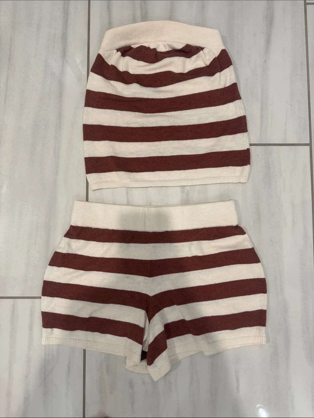 Free People Cream & Brown Striped Knit Tube Top and Shorts Set
